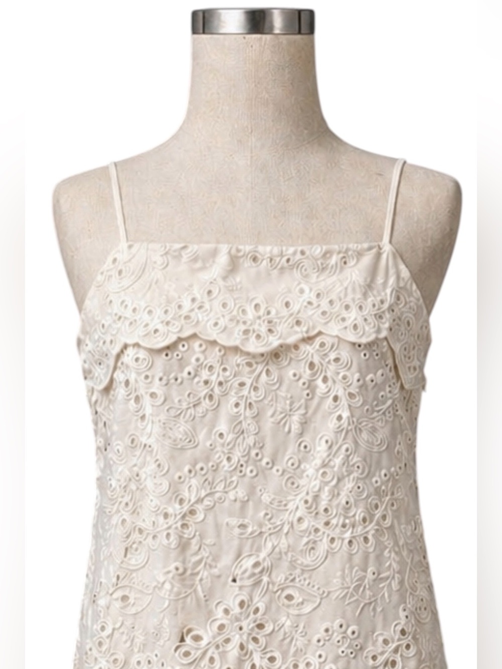 Karen Kane Cotton Eyelet Midi Dress Adjustable Straps Scalloped Hem Ivory M NWT - Picture 3 of 13